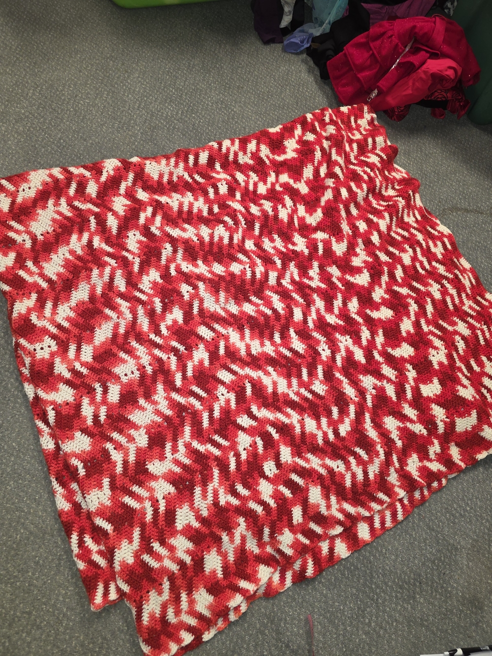 Vintage Handmade Large Reds and White Afgan Blanket